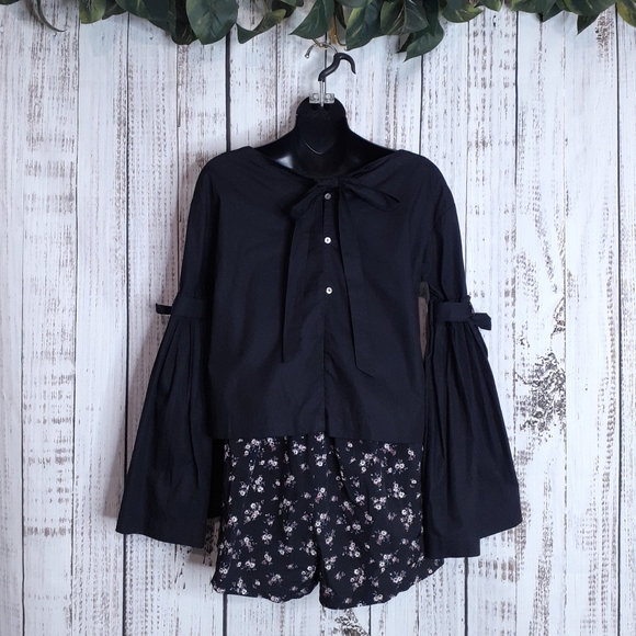 Free People So Obviously Yours poplin bell sleeve blouse bow details & buttons - Picture 7 of 15